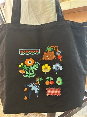 Black Embroidered Tote Bag with Colorful Floral & Animal Motifs